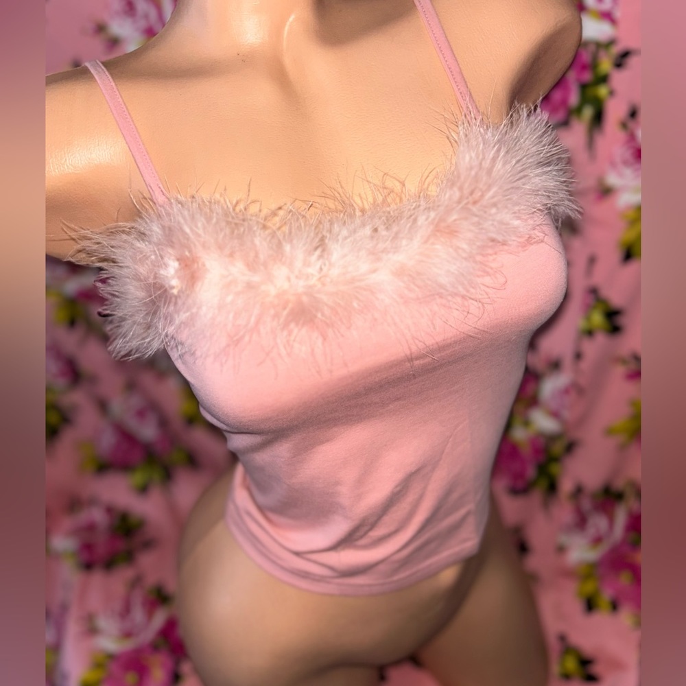 Pink feather boa marabou trim tank top cami shirt club festival rave dancer cute - Picture 1 of 8